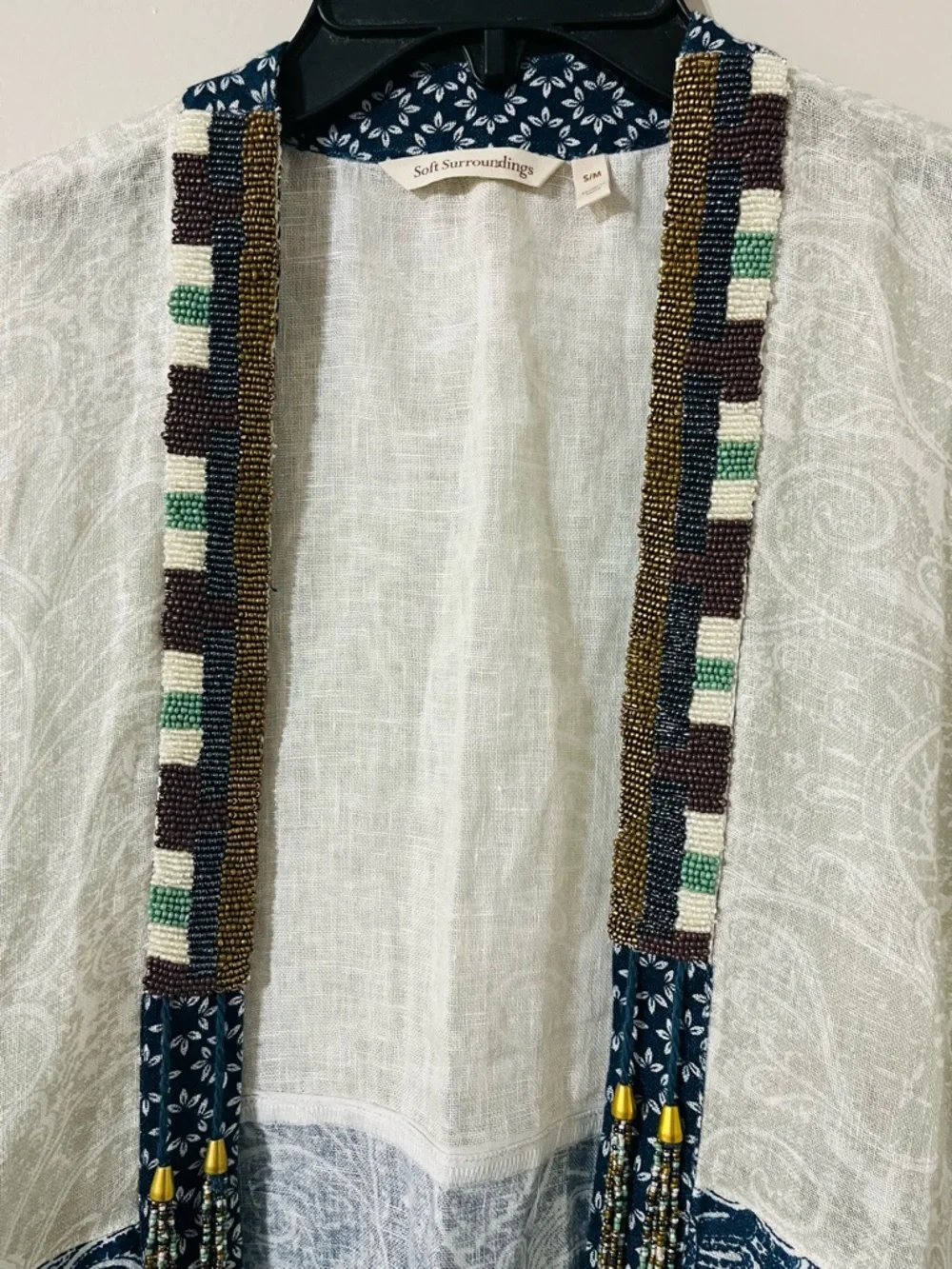Soft Surroundings “Still Waters” linen kimono topper with beads Sz S/M - Picture 5 of 8